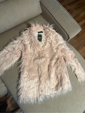 Lanshifei Pink Shaggy Faux Fur Coat Jacket Size S NWT Y2K Festival Glam